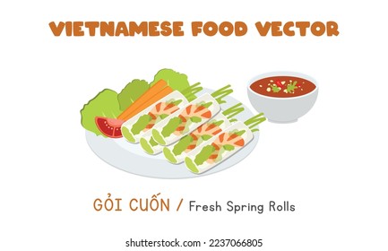 Vietnamese fresh spring rolls with shrimps, pork, vegetables flat vector design. Goi Cuon clipart cartoon style. Asian food. Vietnamese cuisine