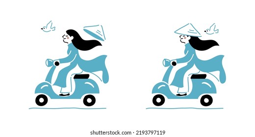 Niña vietnamita en ao dai, scooter, ilustración vectorial plana