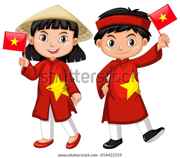 赤い服を着たベトナムの女の子と少年のイラスト のベクター画像素材 ロイヤリティフリー