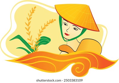 Vietnamese girl with non la and rice plant	
