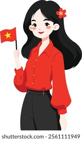 Vietnamese girl wearing red shirt and holding red flag