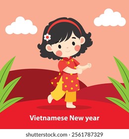 Vietnamese girl wearing traditional ao dai on Lunar New Year