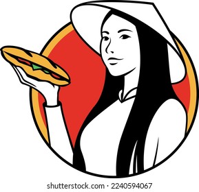 A Vietnamese Girl Wearing Traditional Dress and Conical Hat with Banh Mi on her hand