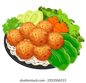 Vietnamese grilled pork meatballs (Bún Chả) illustration vector. Asian vietnamese grilled pork bun cha with rice noodles icon. Vietnamese bun cha rice noodles cartoon.
Vietnam food menu icon vector.