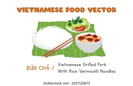 Cerdo vietnamita a la parrilla con fideos vermicelli de arroz y hierbas de vector plano. Caricatura de Bun Cha Ha Noi. La comida asiática. Cocina vietnamita. Alimentos de Vietnam