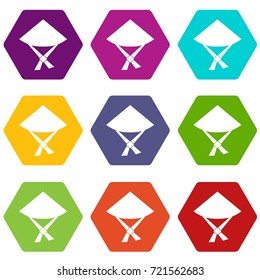 Vietnamese hat icon set many color hexahedron isolated on white vector illustration