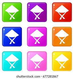 Vietnamese hat icons of 9 color set isolated vector illustration