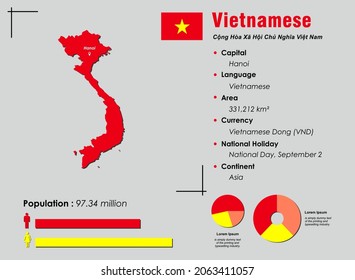 Ilustración vectorial de infografía vietnamita complementada con datos estadísticos precisos. Pancarta de mapa de información de país vietnamita y bandera plana vietnamita