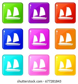 Vietnamese junk boat icons of 9 color set isolated vector illustration