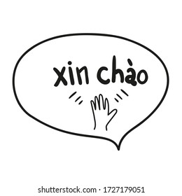 Vietnamese language word means hi. Waving hand sticker element says hello, good day. Vector illustration isolated on white background. Sticker elements with word in cloud nice print for any design.