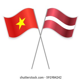 Vietnamese and Latvian crossed flags. Vietnam combined with Latvia isolated on white. Language learning, international business or travel concept.