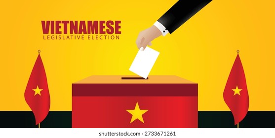 Mão da eleição legislativa vietnamita colocando o voto na urna com cartaz do vetor da bandeira nacional