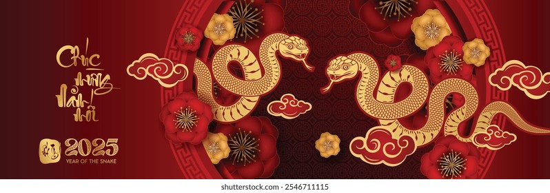 Vietnamese Lunar New Year 2025: Year of the snake with Asian elements red paper cut style on peach blossom background