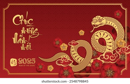 Vietnamese Lunar New Year 2025: Year of the snake with Asian elements red paper cut style on peach blossom background ( Translation : Happy new year 2025 year of the snake )