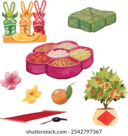 Vietnamese Lunar New Year watercolor elements. Tet holiday hand drawn illustrations: dried fruits, traditional food, kumquat trees and flowers paintings.