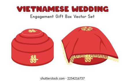 Vietnamese Mam Qua - engagement gift box clipart. Vietnam wedding gifts red cover tins flat vector illustration. Vietnamese traditional wedding ceremony concept. Chinese text means "Double Happiness"