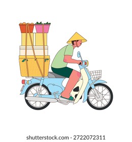 Homem vietnamita com um chapéu em forma de cone, andando de moto sobrecarregado, carregando cestos e caixas de frutas tradicionais. Ilustração vetorial plana moderna da vida de rua e do comércio do Sudeste Asiático