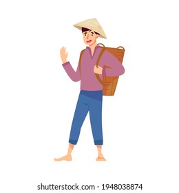Vietnamese Man Farmer in Straw Conical Hat Carrying Wicker Basket on His Back and Waving Hand Vector Illustration