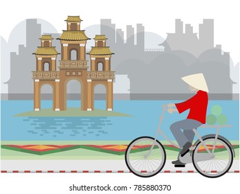 Vietnamese man with Ride Bicycle in Vietnam vector