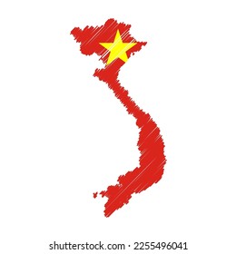 Vietnamese map color hand drawn sketch. Vector concept illustration flag, scribble map. Country map for infographic, brochures and presentations isolated on white background. Vector illustration.