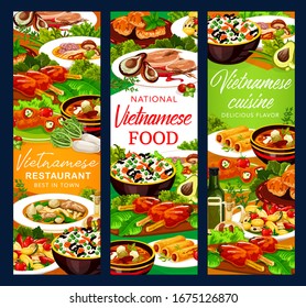 Vietnamese meat and fish dishes with Asian rice and vegetables vector banners. Grilled pork cutlet, baked mackerel and peppers stuffed with cheese, beef pho bo and mushroom noodle soups, pancake rolls