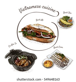 Vietnamese menu colorful illustration. Vector illustration of Vietnamese cuisine.
