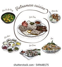 Vietnamese menu colorful illustration. Vector illustration of Vietnamese cuisine.
