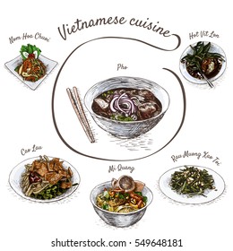 Vietnamese menu colorful illustration. Vector illustration of Vietnamese cuisine.
