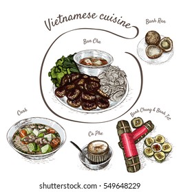 Vietnamese menu colorful illustration. Vector illustration of Vietnamese cuisine.
