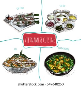 Vietnamese menu colorful illustration. Vector illustration of Vietnamese cuisine.
