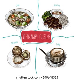 Vietnamese menu colorful illustration. Vector illustration of Vietnamese cuisine.
