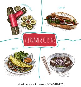 Vietnamese menu colorful illustration. Vector illustration of Vietnamese cuisine.
