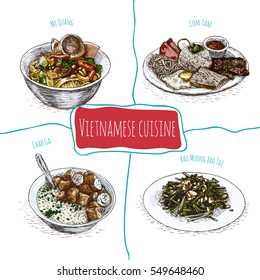 Vietnamese menu colorful illustration. Vector illustration of Vietnamese cuisine.
