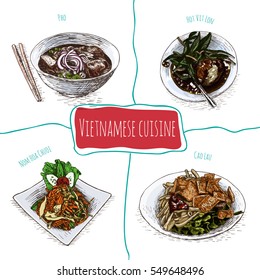 Vietnamese menu colorful illustration. Vector illustration of Vietnamese cuisine.
