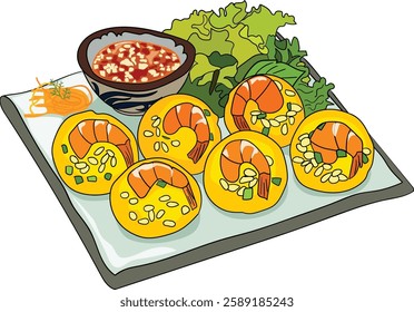 Vietnamese mini pancake. Served with aromatic herbs, leafy vegetables and fish sauce