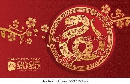 Vietnamese New Year 2025 greeting cards set with snake, zodiac symbol, auspicious traditional and holidays objects. Chinese translate : Happy New Year, Happy Year of the Snake, Good Luck