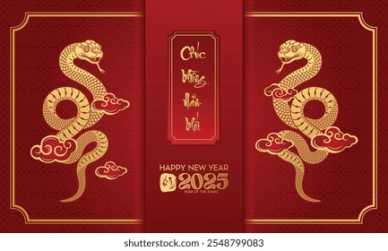 Vietnamese New Year 2025 modern art design set in red, gold and white colors for cover, card, poster, banner. Vietnam zodiac Snake symbol.( Translation : happy new year 2025 year of the snake)