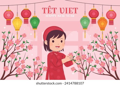 Vietnamese new year Background. Translation "Tet": Lunar new year. Vietnamese Tet celebration. Cartoon Vector illustration design for Poster, Banner, Greeting, Card, Flyer, Post, Cover. February 10.