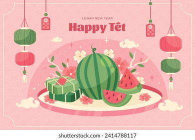 Antecedentes del año nuevo vietnamita. Traducción "Tet": Año nuevo lunar. Celebración del Tet Vietnamita. Diseño de ilustración de vectores de caricatura para afiches, banner, saludo, tarjeta, volante, publicación, portada. 10 de febrero.