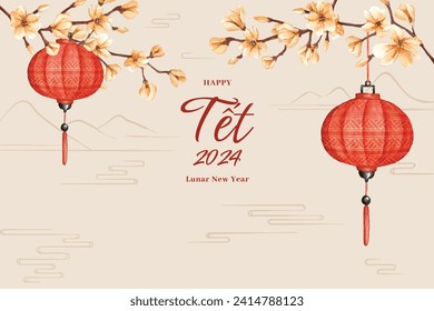 Vietnamese new year Background. Translation "Tet": Lunar new year. Vietnamese Tet celebration. Cartoon Vector illustration design for Poster, Banner, Greeting, Card, Flyer, Post, Cover. February 10.