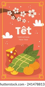Vietnamese new year Background. Translation "Tet": Lunar new year. Vietnamese Tet celebration. Cartoon Vector illustration design for Poster, Banner, Greeting, Card, Flyer, Post, Cover. February 10.