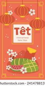 Vietnamese new year Background. Translation "Tet": Lunar new year. Vietnamese Tet celebration. Cartoon Vector illustration design for Poster, Banner, Greeting, Card, Flyer, Post, Cover. February 10.