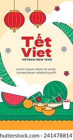 Vietnamese new year Background. Translation "Tet": Lunar new year. Vietnamese Tet celebration. Cartoon Vector illustration design for Poster, Banner, Greeting, Card, Flyer, Post, Cover. February 10.