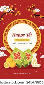 Vietnamese new year Background. Translation "Tet": Lunar new year. Vietnamese Tet celebration. Cartoon Vector illustration design for Poster, Banner, Greeting, Card, Flyer, Post, Cover. February 10.