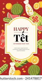 Vietnamese new year Background. Translation "Tet": Lunar new year. Vietnamese Tet celebration. Cartoon Vector illustration design for Poster, Banner, Greeting, Card, Flyer, Post, Cover. February 10.