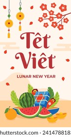 Vietnamese new year Background. Translation "Tet": Lunar new year. Vietnamese Tet celebration. Cartoon Vector illustration design for Poster, Banner, Greeting, Card, Flyer, Post, Cover. February 10.
