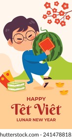 Vietnamese new year Background. Translation "Tet": Lunar new year. Vietnamese Tet celebration. Cartoon Vector illustration design for Poster, Banner, Greeting, Card, Flyer, Post, Cover. February 10.