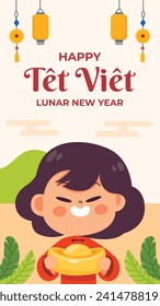 Vietnamese new year Background. Translation "Tet": Lunar new year. Vietnamese Tet celebration. Cartoon Vector illustration design for Poster, Banner, Greeting, Card, Flyer, Post, Cover. February 10.