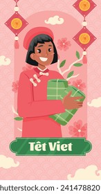 Vietnamese new year Background. Translation "Tet": Lunar new year. Vietnamese Tet celebration. Cartoon Vector illustration design for Poster, Banner, Greeting, Card, Flyer, Post, Cover. February 10.