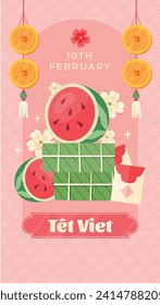 Vietnamese new year Background. Translation "Tet": Lunar new year. Vietnamese Tet celebration. Cartoon Vector illustration design for Poster, Banner, Greeting, Card, Flyer, Post, Cover. February 10.